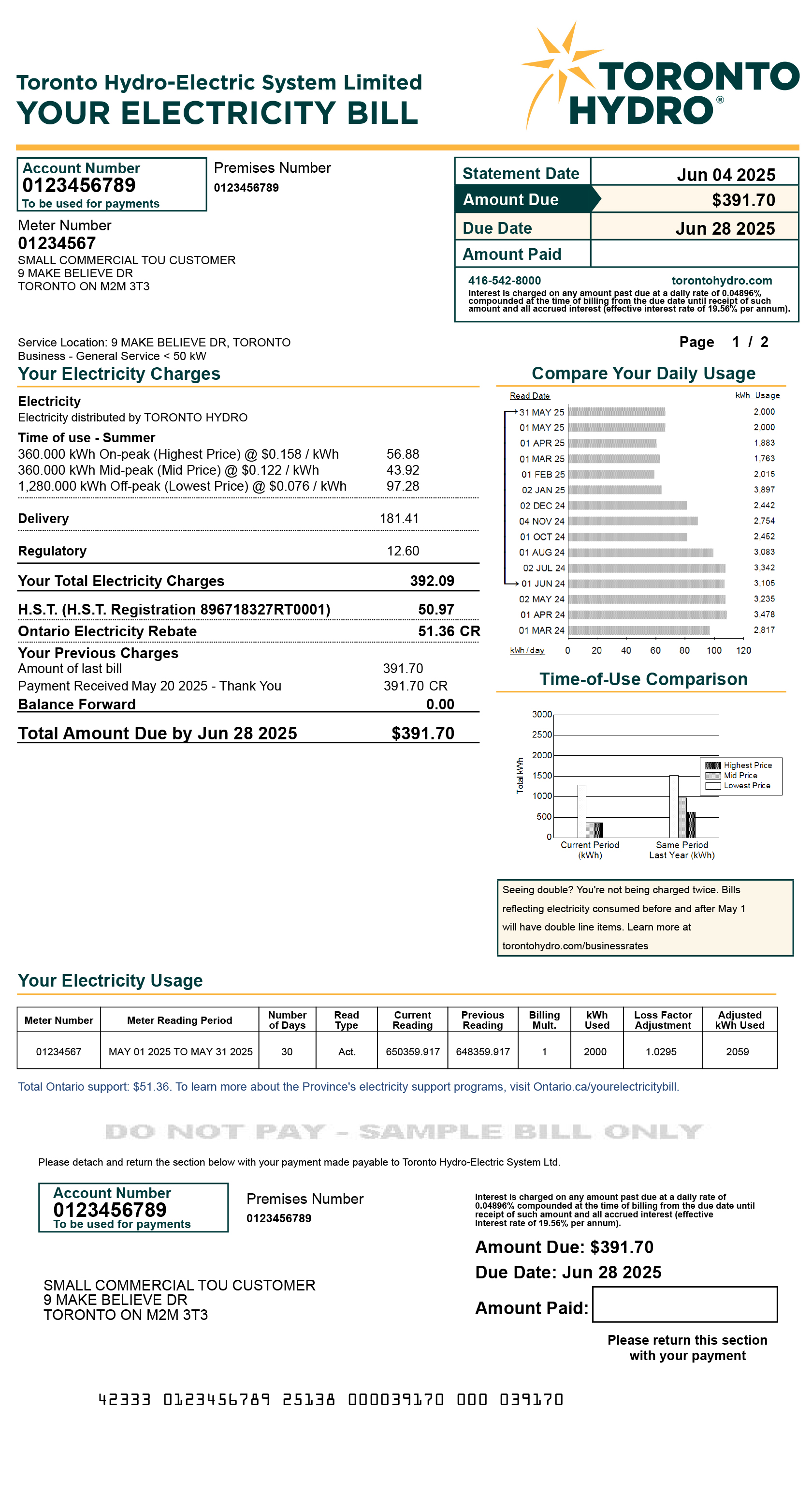 Small commercial TOU sample bill for desktop
