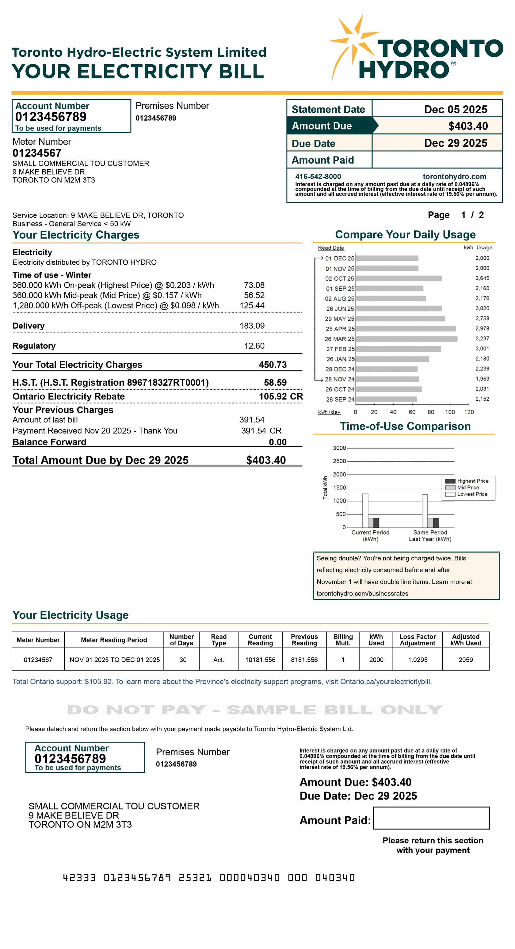 Small commercial TOU sample bill for desktop