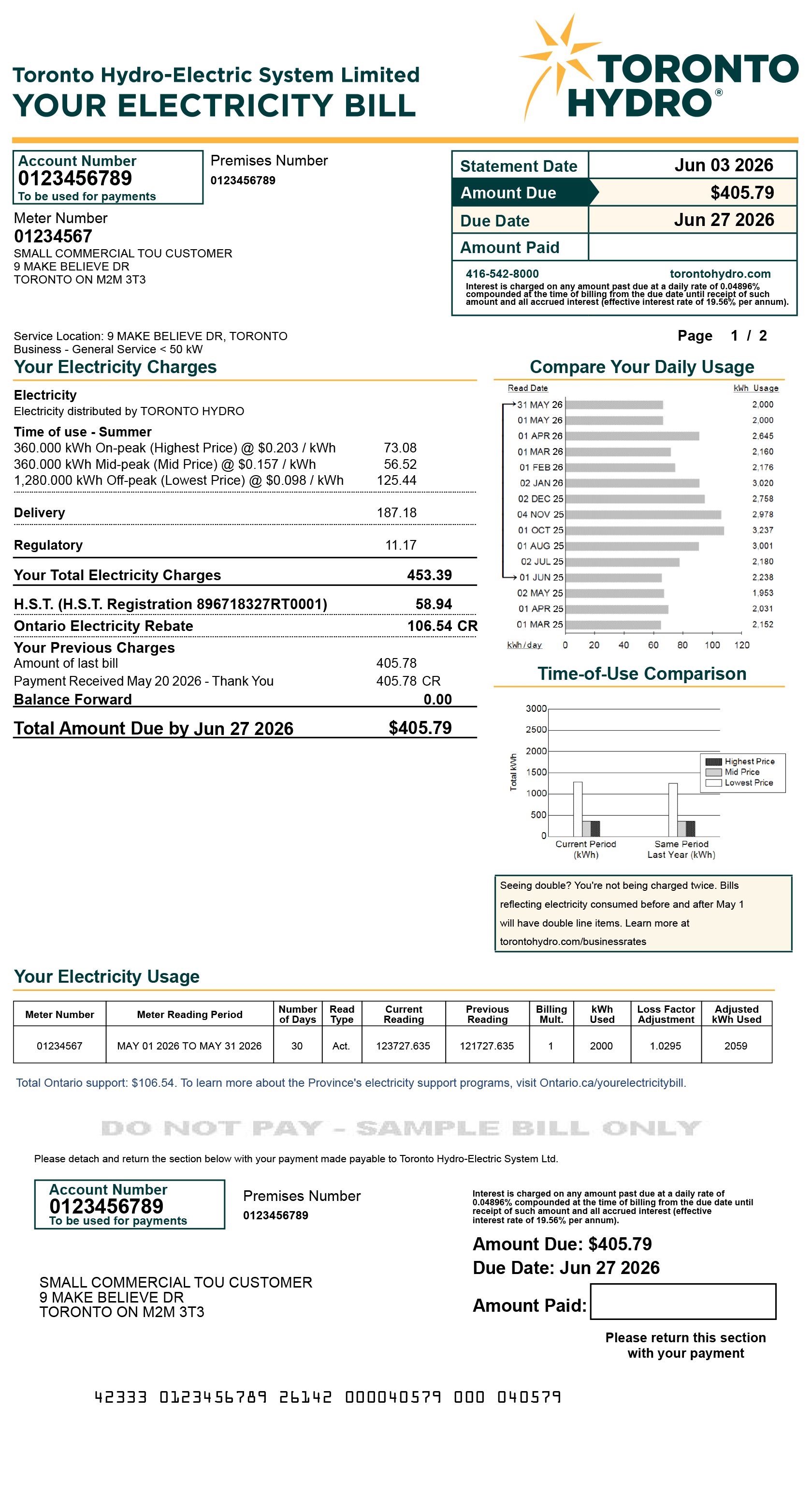 Small commercial TOU sample bill for desktop