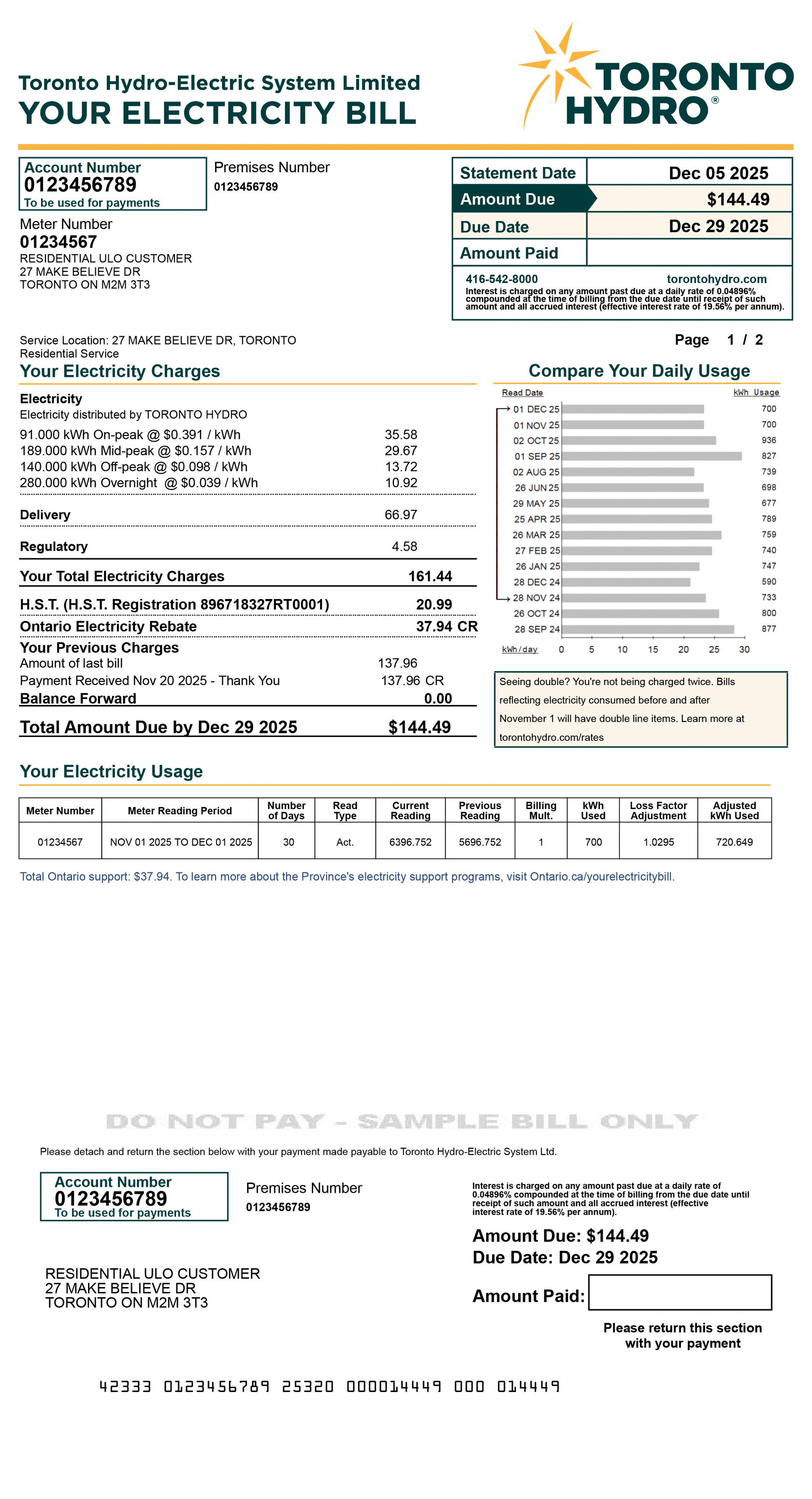 Residential ULO sample bill for desktop