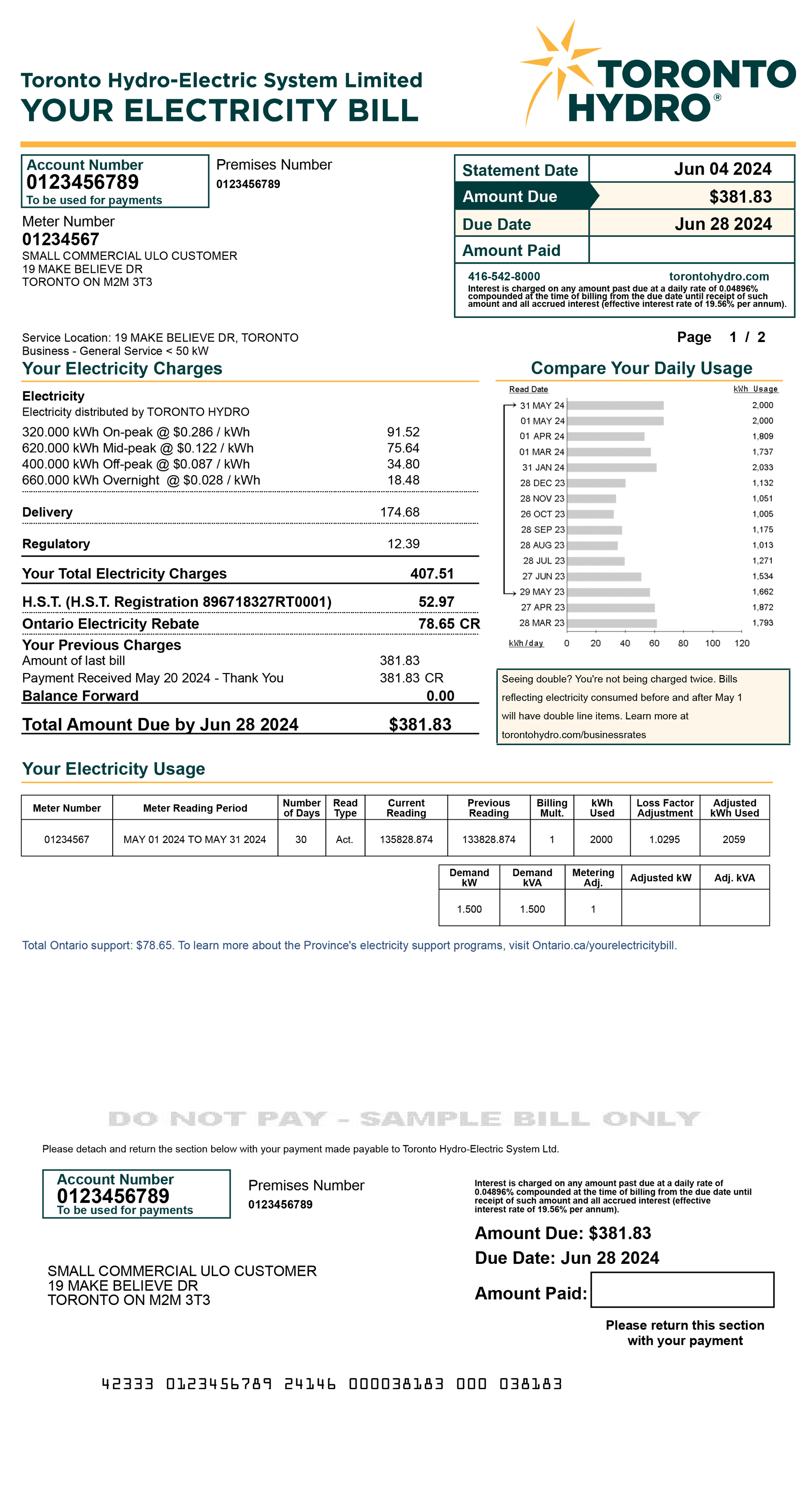 Small commercial ULO sample bill for desktop