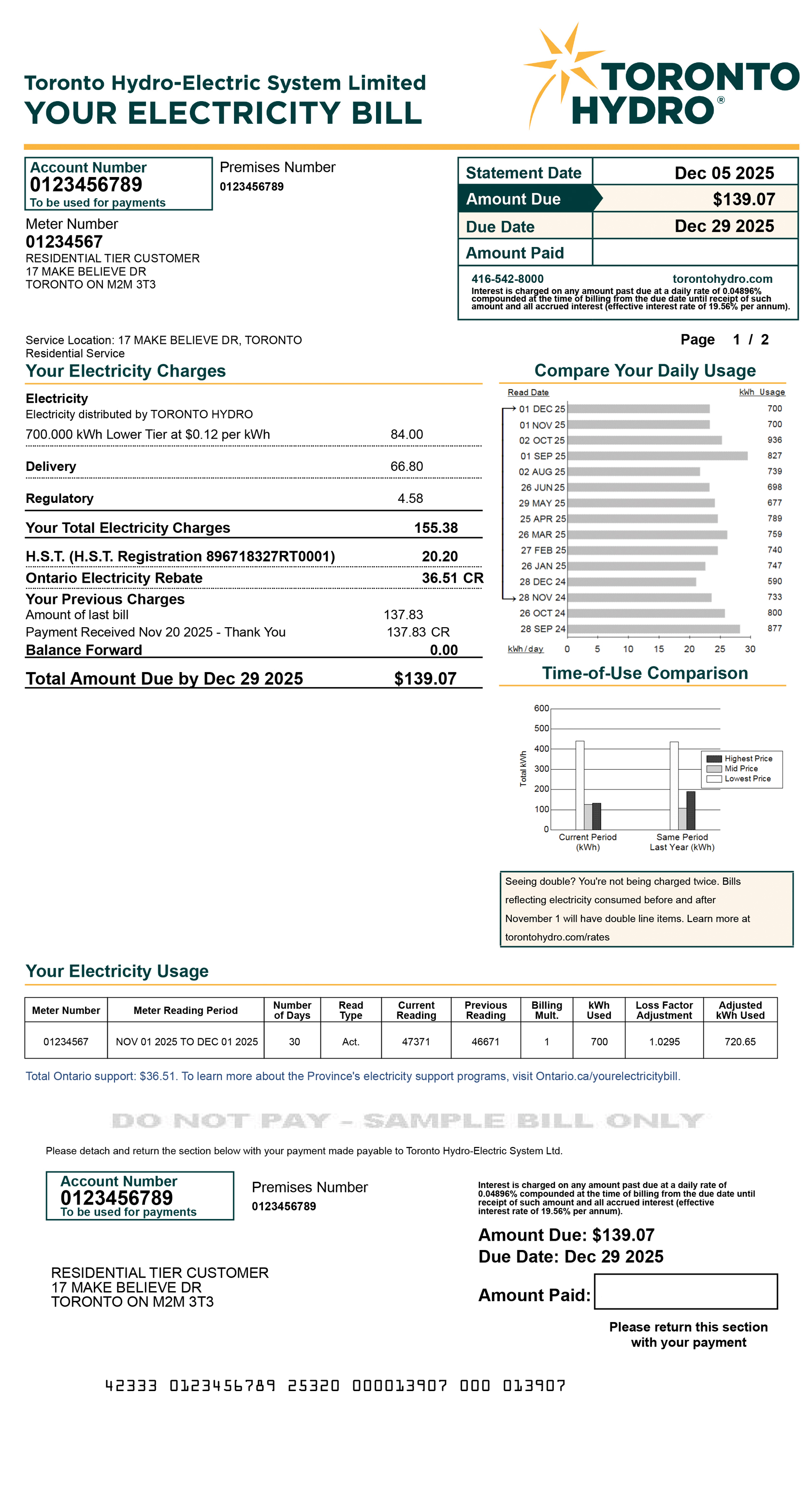 Tiered Sample Bill Toronto Hydro