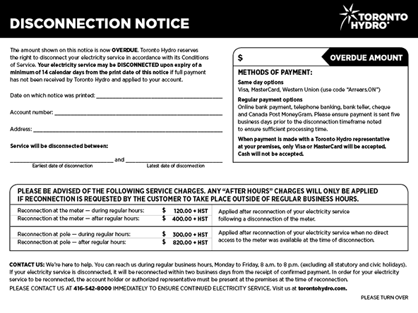Front side of disconnection notice