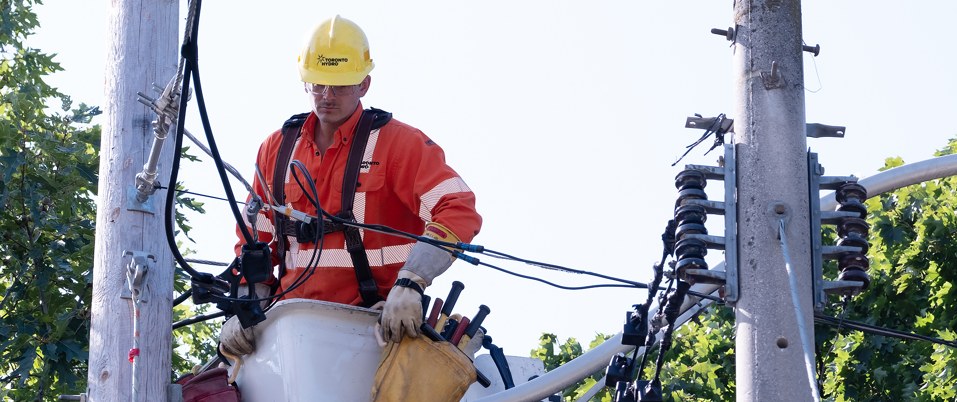 Toronto Hydro crew member working on overhead equipment.
