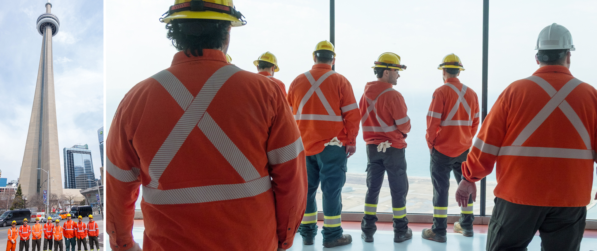 Toronto Hydro crew members enjoy a panoramic view of Toronto from the CN Tower viewing deck.