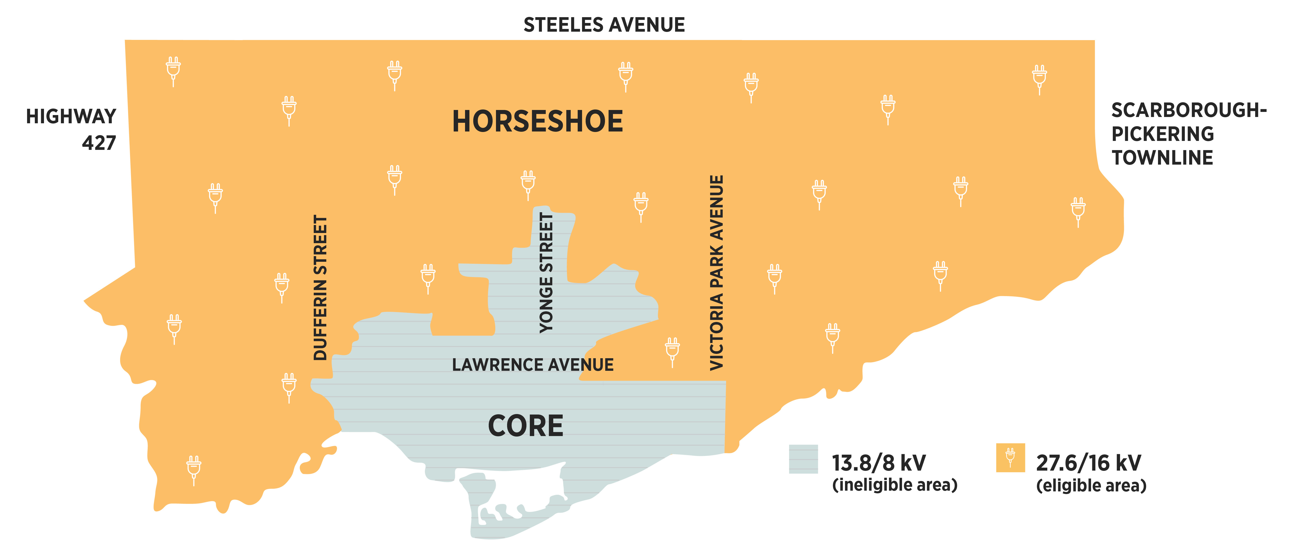 Map of Toronto Hydro’s distribution system highlighting eligible and ineligible areas.