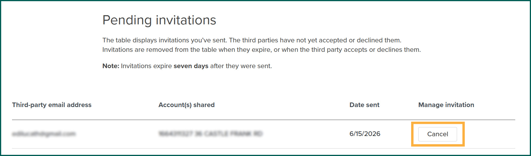 Screenshot of the “Pending invitations” table showing the Cancel button in the Manage invitation column beside a pending invitation.