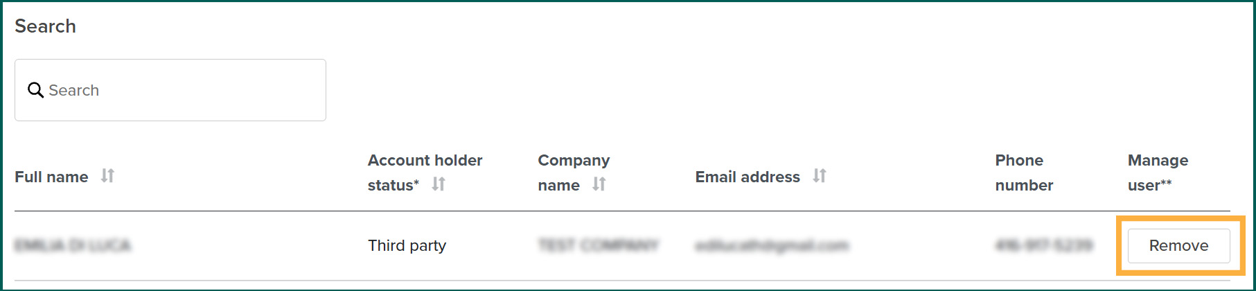 Users table showing a Remove button in the Manage user column beside a third-party user.